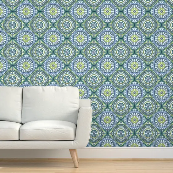 Peel & Stick Wallpaper 2FT Wide Green Blue Ocean Italian Italy Tile Sicily Sicilian Rosette Mandalas Modern Mosaic Geometric Coastal Large Scale Custom Removable Wallpaper by Spoonflower {5}