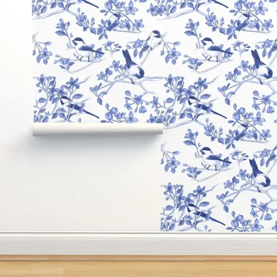 Pre-Pasted Wallpaper 2FT Wide Bird Flowers Botanical Blossom Cobalt Chinoiserie Custom Pre-pasted Wallpaper by Spoonflower {2}