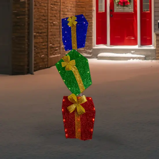 Northlight LED Lighted Stacked Tinsel Gift Boxes Outdoor Christmas Decoration - 48" - Warm White Green {3}