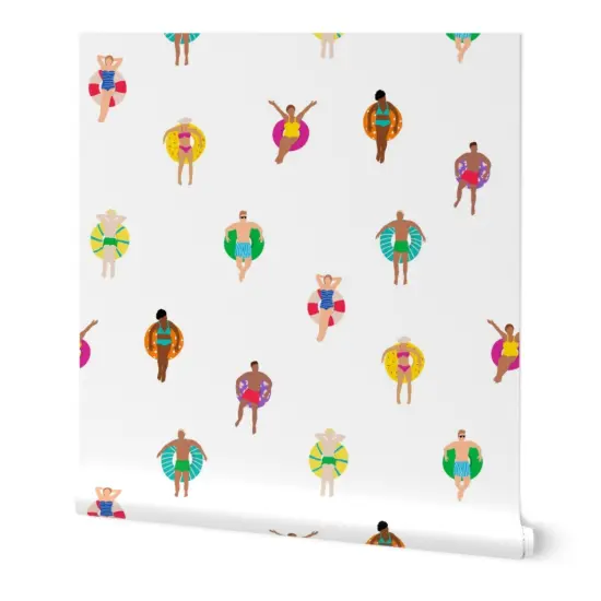 Peel & Stick Wallpaper 2FT Wide Multicolor Ocean Swim Pool Swimmers Bathing Suit Vacation Diverse House Custom Removable Wallpaper by Spoonflower {7}