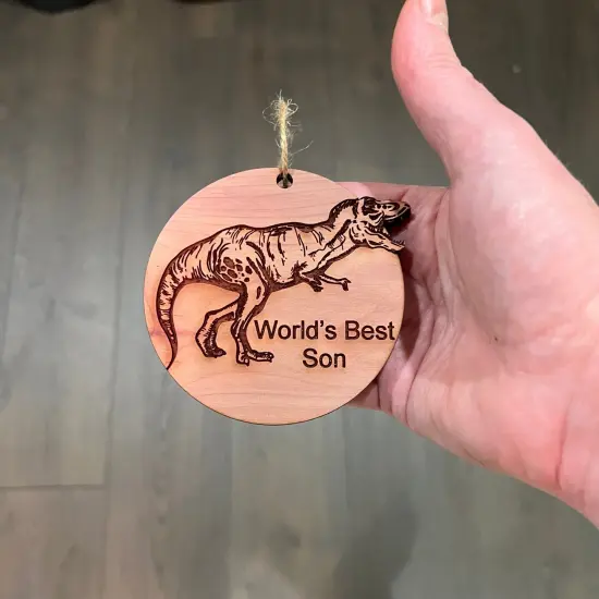 TRex Dinosaur Worlds Best Son - Cedar Ornament {4}