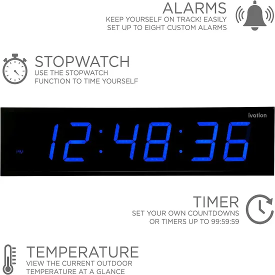 Ivation 36 in. Large Digital Wall Clock, LED Digital Clock with Timer and Alarm White {8}