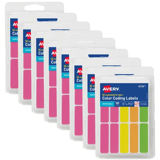 Avery Color-Coding Removable Labels, 1/2" x 1-3/4", Assorted Neon Colors, Non-Printable, 8 Packs, 1,440 Blank Labels Total (21929) {1}