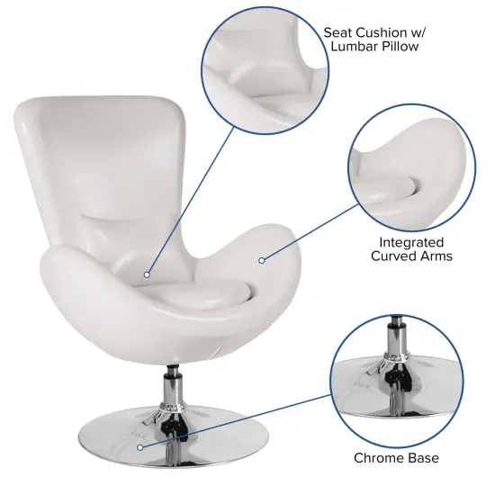 Merrick Lane Soro High-Back Egg Style Lounge Chair With 360&deg; Swivel Metal Base White LeatherSoft {2}