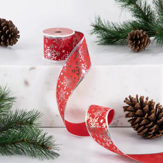 Northlight Shimmering Red with Silver Snowflakes Wired Craft Christmas Ribbon 2.5" x 10 Yards {3}