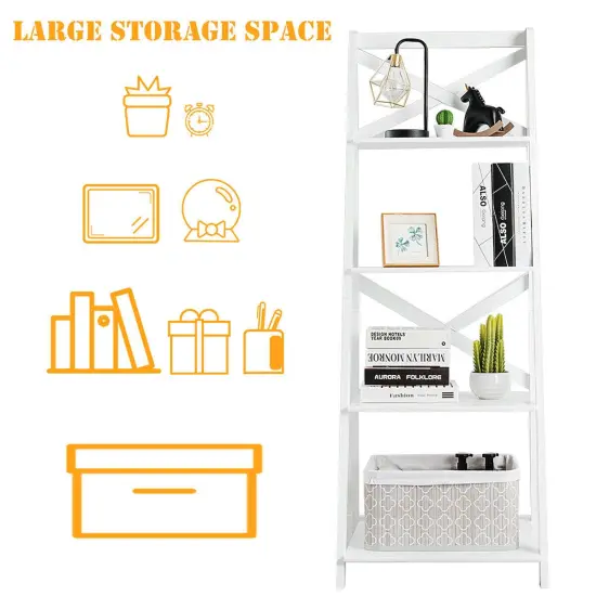MDF 4-Tier Free Standing Ladder Shelf Bookcase with Space-Saving Design White {5}