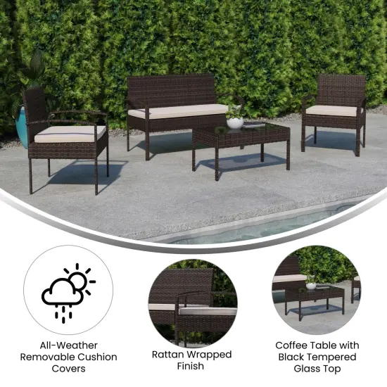 Emma and Oliver 4 Piece Patio Set with Steel Frame and Cushions - Outdoor Seating Brown/Beige {2}