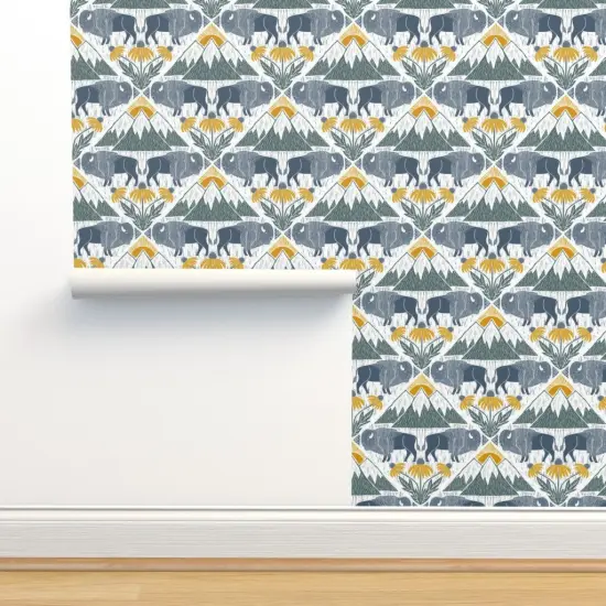 Pre-Pasted Wallpaper 2FT Wide Bison Western Floral Blue Yellow Mountains Prairie National Parks Wildflower Lattice Custom Pre-pasted Wallpaper by Spoonflower {2}