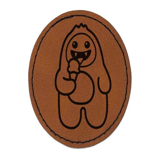 Yeti Abominable Snowman Eating Ice Cream Round Iron-On Engraved Faux Leather Patch Applique - 2.5" Brown {1}