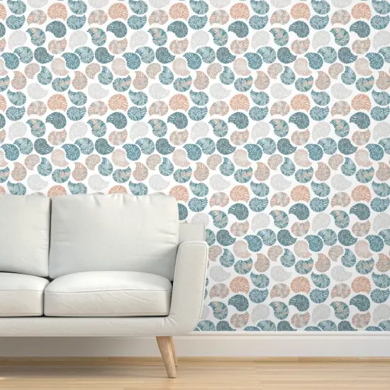 Pre-Pasted Wallpaper 2FT Wide Coastal Shells Beach Blue Terra Cotta Seashells Nautical Custom Pre-pasted Wallpaper by Spoonflower {5}