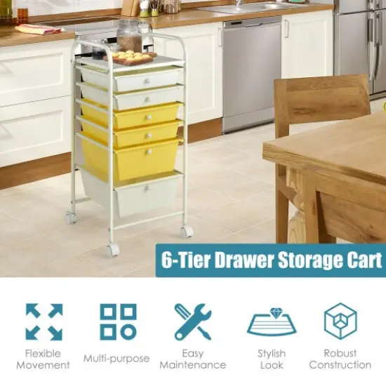Multi-functional 6 Drawers Rolling Storage Cart Organizer with Four Movable Casters Yellow {3}