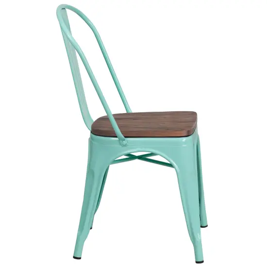 Merrick Lane Calumet Metal Stacking Chair with Curved, Slatted Back and Rustic Wood Seat Mint Green {4}