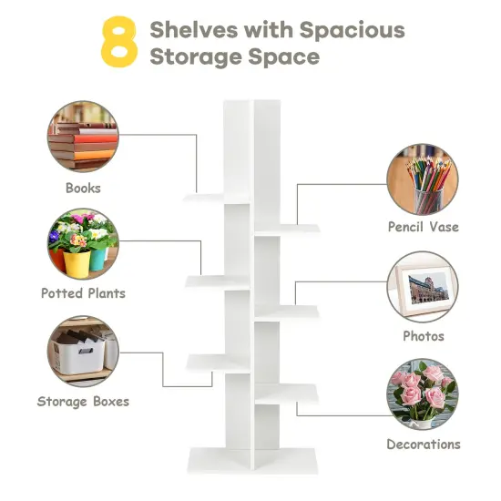 Costway 8-shelf Bookcase Freestanding Tree shelf Display Storage Stand Black\White {6}