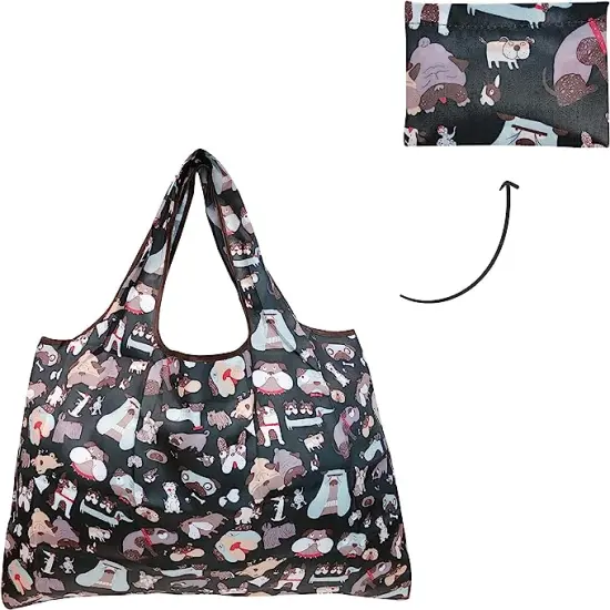 Wrapables Large Foldable Tote Nylon Reusable Grocery Bags, 5 Pack Cats, Dog, Llamas {4}