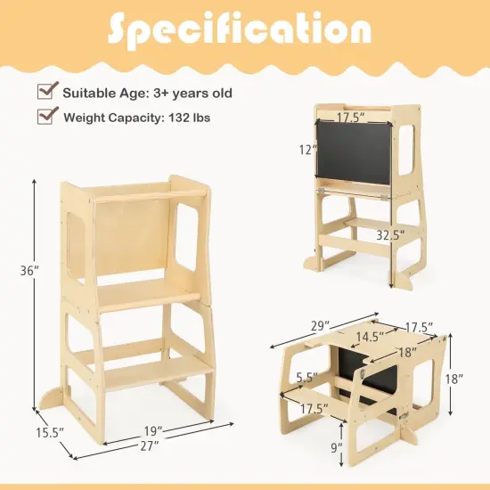 Costway 3-in-1 Foldable Kitchen Standing Tower for Toddlers with Chalkboard Weaning Table Natural {8}
