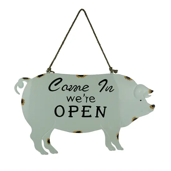 Weathered White Enamelware Farmhouse Pig Open Sign {1}