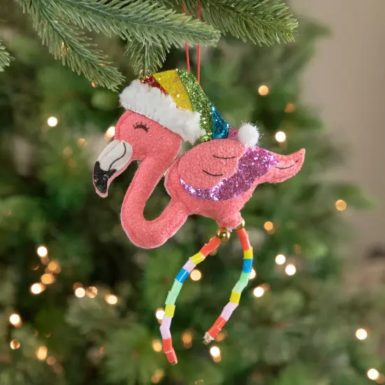 Northlight 7.5" Pink Plush Flamingo with Rainbow Santa Hat Christmas Ornament {3}