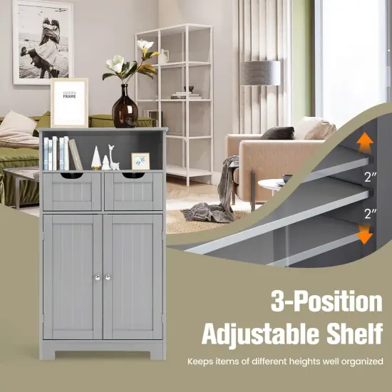 Bathroom Wooden Side Cabinet with 2 Drawers and 2 Doors Grey {5}