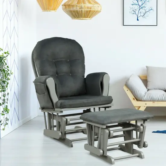 Solid Wood Gliding Chair Set with Pockets and Ottoman for Relaxing Dark Grey {3}