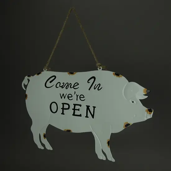 Weathered White Enamelware Farmhouse Pig Open Sign {3}