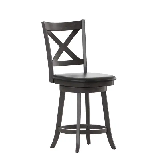 Merrick Lane Sora 24" Classic Wooden Crossback Swivel Counter Height Pub Stool with Upholstered Padded Seat and Integrated Footrest GrayWashWalnut/Black {1}