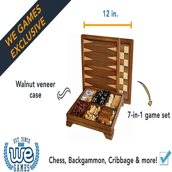 WE Games Walnut 7-Games-in-1 Combination Game Set - Includes Chess, Checkers, Backgammon, Dominoes, Cribbage, Poker, Dice and Cards {3}