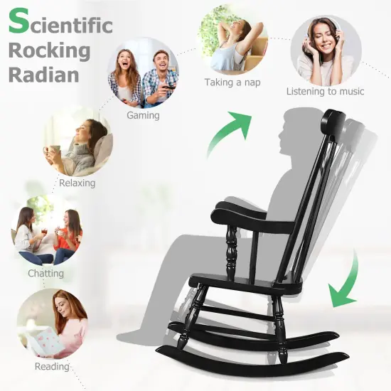 Solid Wood Porch Glossy Finish Rocking Chair Black {5}
