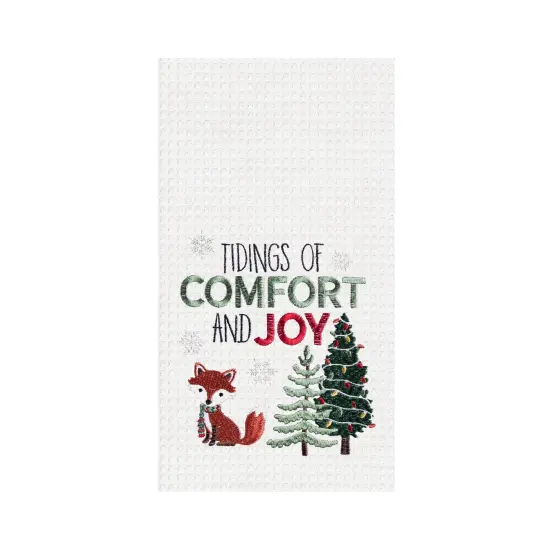 27" x 18" Christmas Holuiday "Tidings of Comfort & Joy" Sentiment with Fox Embroidered Waffle Weave Cotton Kitchen Dish Towel {1}