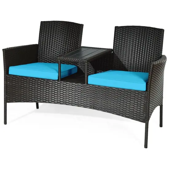 Modern Patio Conversation Set with Built-in Coffee Table and Cushions Turquoise {4}
