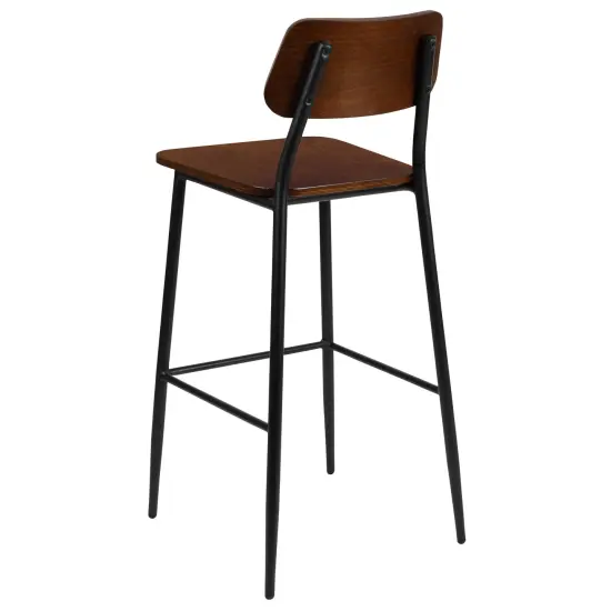 Merrick Lane Copenhagen Industrial Bar and Kitchen Stool with Gunmetal Steel Frame and Wood Seat Mahogany {4}