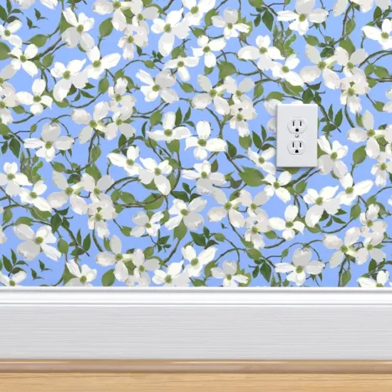 Pre-Pasted Wallpaper 2FT Wide Floral Botanical Tree Blue Flowers Branches Blossoms Sky Spring Dogwood Blooms Custom Pre-pasted Wallpaper by Spoonflower {4}