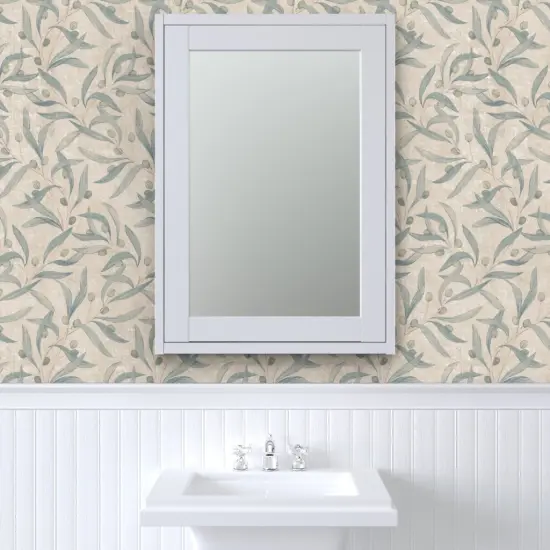 Peel & Stick Wallpaper 2FT Wide Sage Green Antique Plants Neutral Garden Italian Historical Hand Painted Olives Roman Villa Fresco Floral Botanical Large Scale Custom Removable Wallpaper by Spoonflower {6}