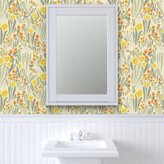 Pre-Pasted Wallpaper 2FT Wide Art Nouveau Garden Sage Green Yellow Abstract Flowers Large Scale Botanical Garden Custom Pre-pasted Wallpaper by Spoonflower {6}