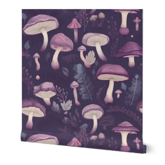 Peel & Stick Wallpaper 2FT Wide Enchanted Purple Mushrooms Woodland Violet Shrooms Botanical Fairies Monochrome Custom Removable Wallpaper by Spoonflower {7}