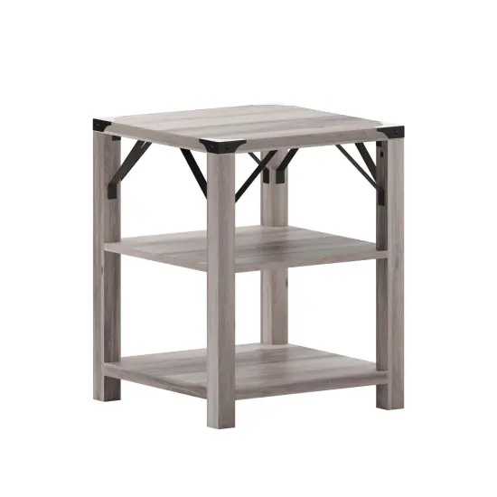 Merrick Lane Green River Modern Farmhouse Engineered Wood End Table with Two Tiered Shelving and Powder Coated Steel Accents Rustic Oak {6}