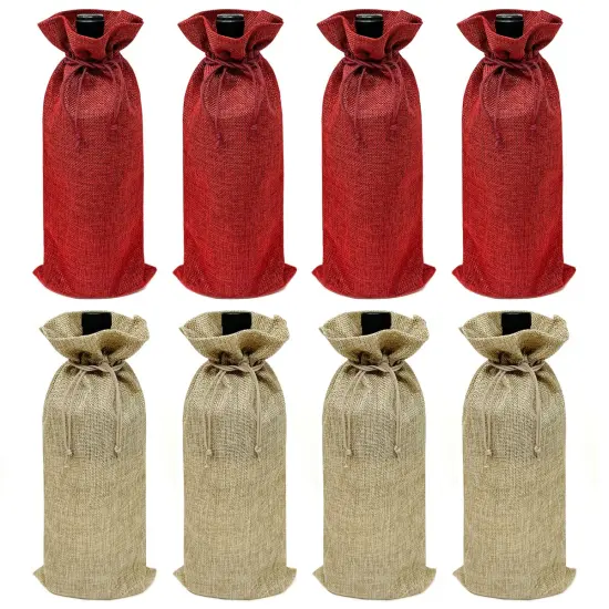 Wrapables Reusable Burlap Wine Bags, Rustic Gift Bags with Drawstring (Set of 8) Burgundy Natural {1}