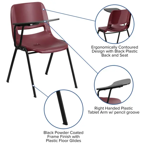 Emma and Oliver Ergonomic Shell Chair with Right Handed Flip-Up Tablet - Tablet Arm Desk Burgundy {3}