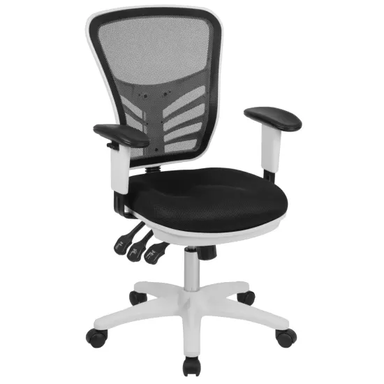 Emma and Oliver Mid-Back Mesh Triple Paddle Swivel Ergonomic Office Chair with Adjustable Arms BlackMesh/WhiteFrame {1}