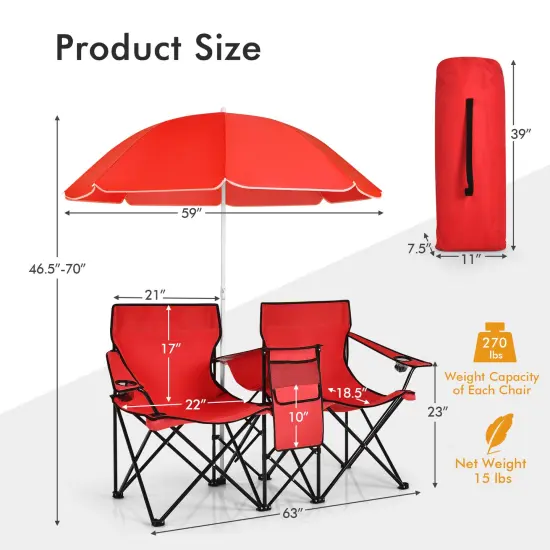 Portable Folding Picnic Double Chair With Umbrella Red {4}