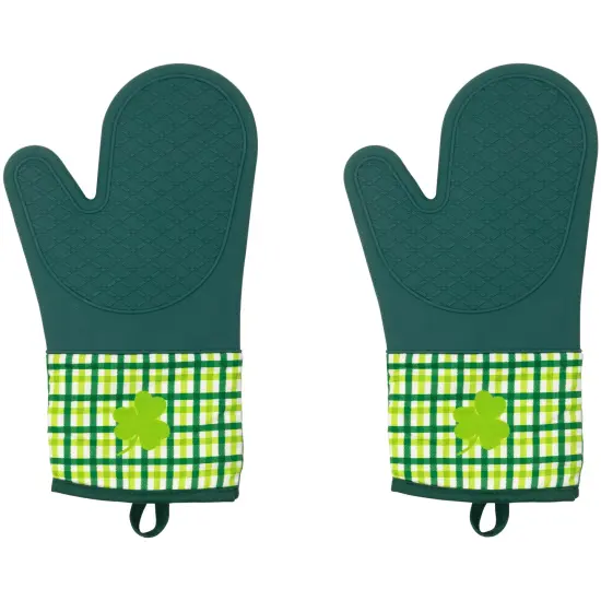 Northlight Plaid Shamrock St. Patrick's Day Kitchen Oven Mitts - 12.5" - Green - Set of 2 {1}