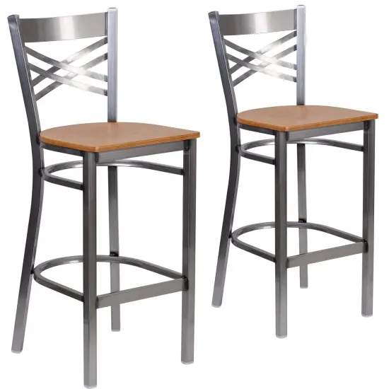 Emma and Oliver 2 Pack Clear Coated "X" Back Metal Restaurant Barstool Natural/ClearCoated {1}