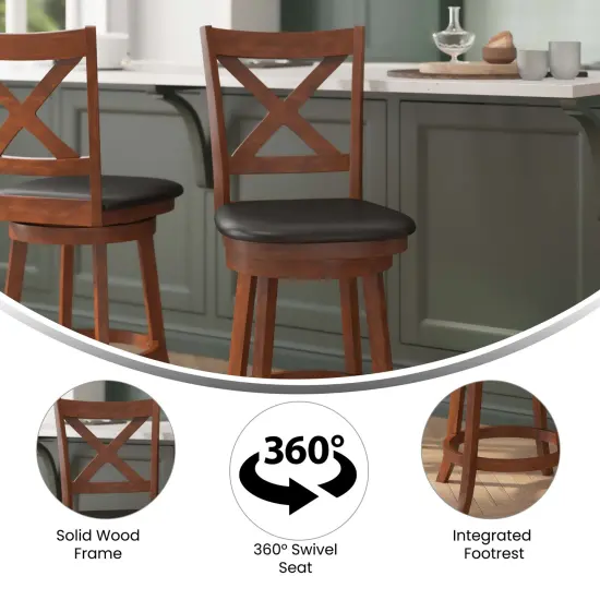 Merrick Lane Sora 24" Classic Wooden Crossback Swivel Counter Height Pub Stool with Upholstered Padded Seat and Integrated Footrest Antique Oak/Black {2}