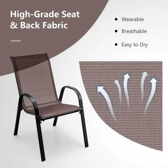 Costway Set of 4 Patio Dining Chairs Stackable Armrest Space Saving Garden Brown/Grey {5}