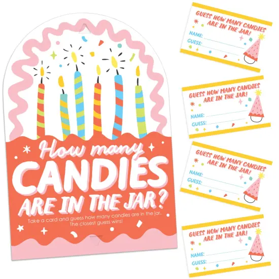 Big Dot of Happiness Party Time - How Many Candies Happy Birthday Party Game - 1 Stand and 40 Cards - Candy Guessing Game {1}