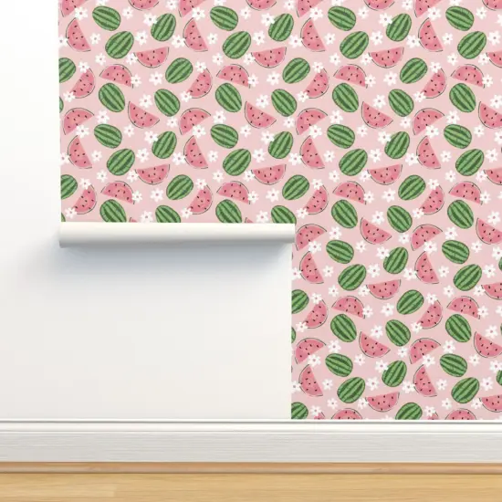 Pre-Pasted Wallpaper 2FT Wide Pink Fruit Summer Daisy Watermelons Small Scale Garden Picnic Floral Custom Pre-pasted Wallpaper by Spoonflower {2}
