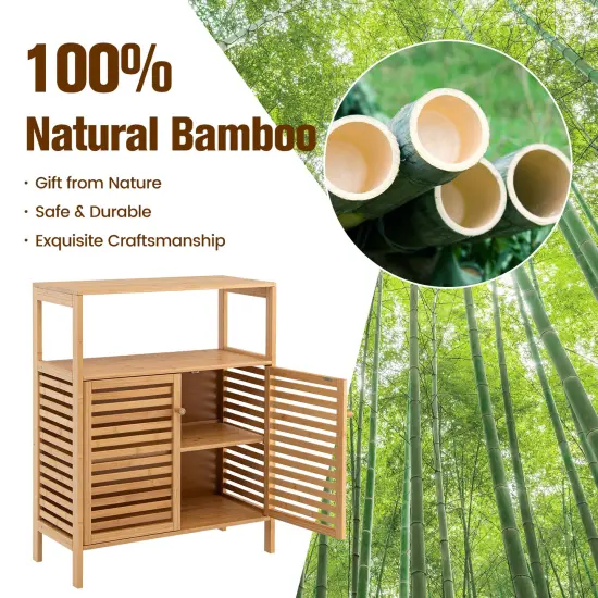 Bamboo Bathroom Floor Storage Cabinet with Shutter Doors-Natural {6}
