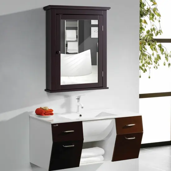 Bathroom Mirror Cabinet Wall Mounted Adjustable Shelf Medicine Storage Brown {1}