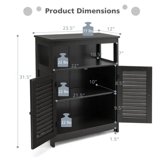 MDF Bathroom Storage Cabinet with Shutter Doors and Adjustable Shelves Black {3}
