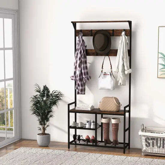 Costway 71'' Coat Rack Hall Tree with Shoe Bench Industrial Entryway Storage Shelf with Hooks {2}