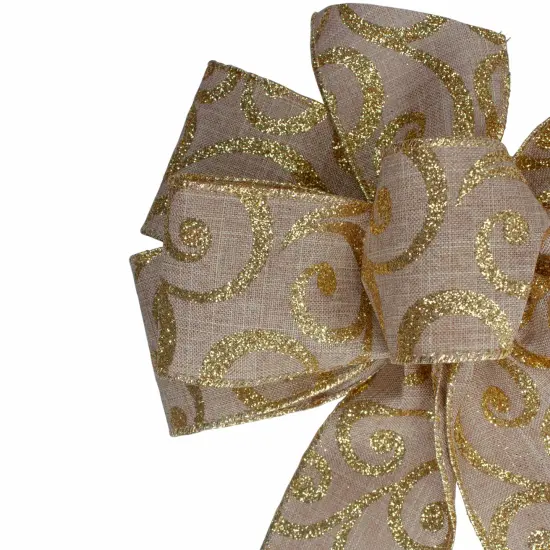Northlight Burlap Glitter Scroll 6-Loop Christmas Bow Decoration - 9" x 14" - Brown and Gold {4}